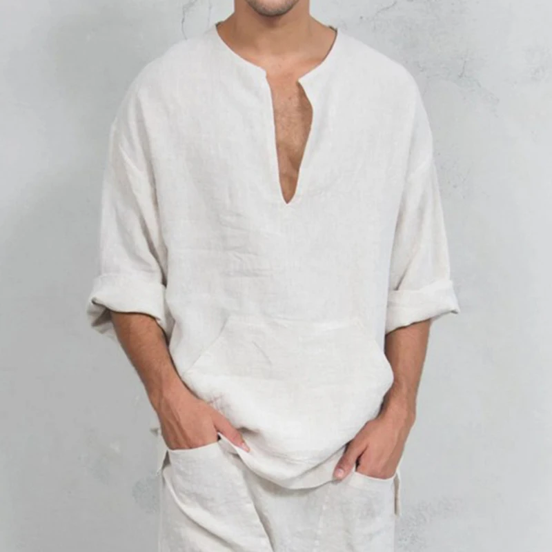 

Vintage Loose V-Neck Cotton Linen Shirts For Men 2021 Spring Summer Mens Fashion Pocket Shirt 4XL Casual Long Sleeve Solid Tops
