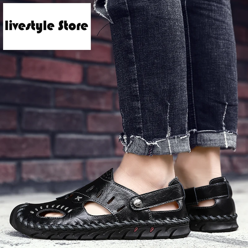 

2020 New Genuine Leather Men Shoes Outdoor Lightweight Black Slip on Summer Shoes Comfort Beach Casual Men Sandals Big Size 48