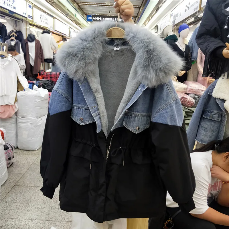 Зимняя джинсовая куртка для женщин мягкая меховая подкладка джинсы Черная с