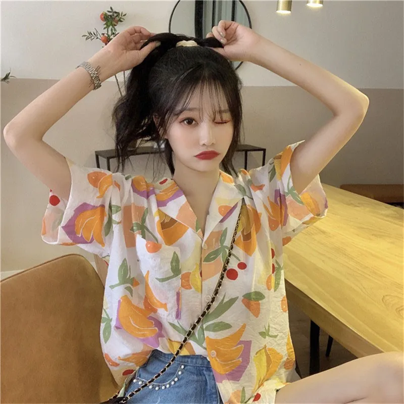 

Summer Korean Printed Shirt Short-sleeved Chiffon Floral French Style Blouses Ladies Tops new