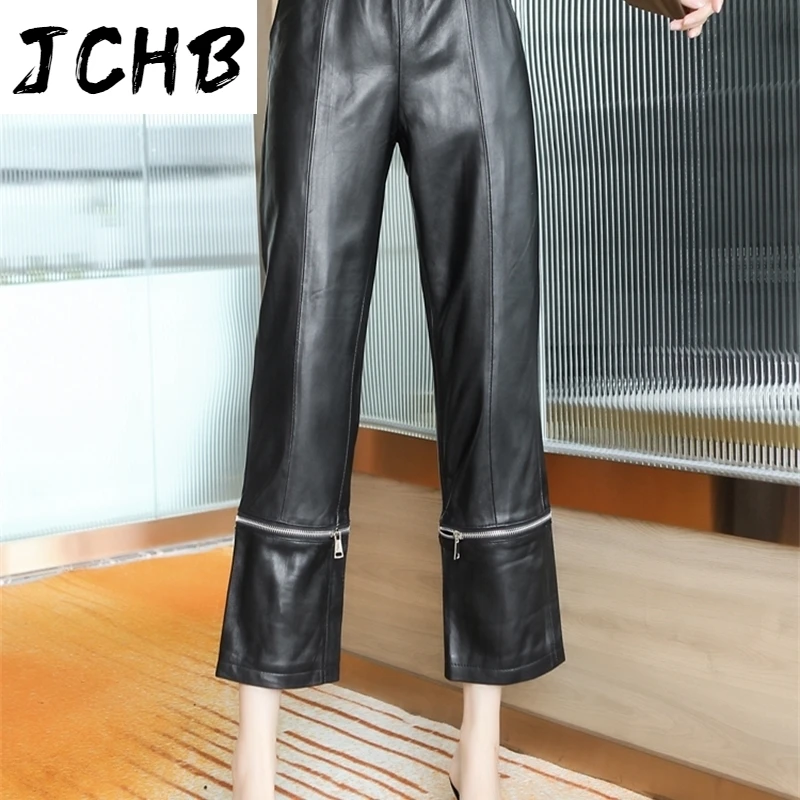 Online SHZQJCHB Streetwear Frauen Böden Hosen Echt Schaffell Hosen Frau Leder Breite Bein Hosen Frauen Hosen Ropa Mujer TN1310