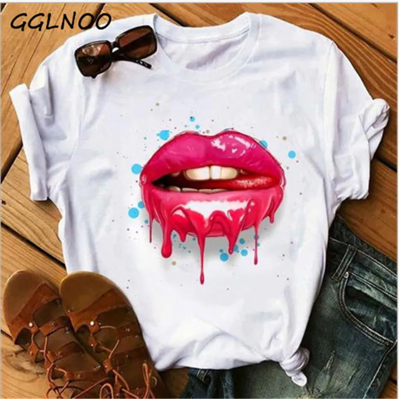 

GGLNOO Kawaii помада Футболка модная женская футболка графическая Футболка женская одежда макияж губ художественные летние топы женские милые ф...