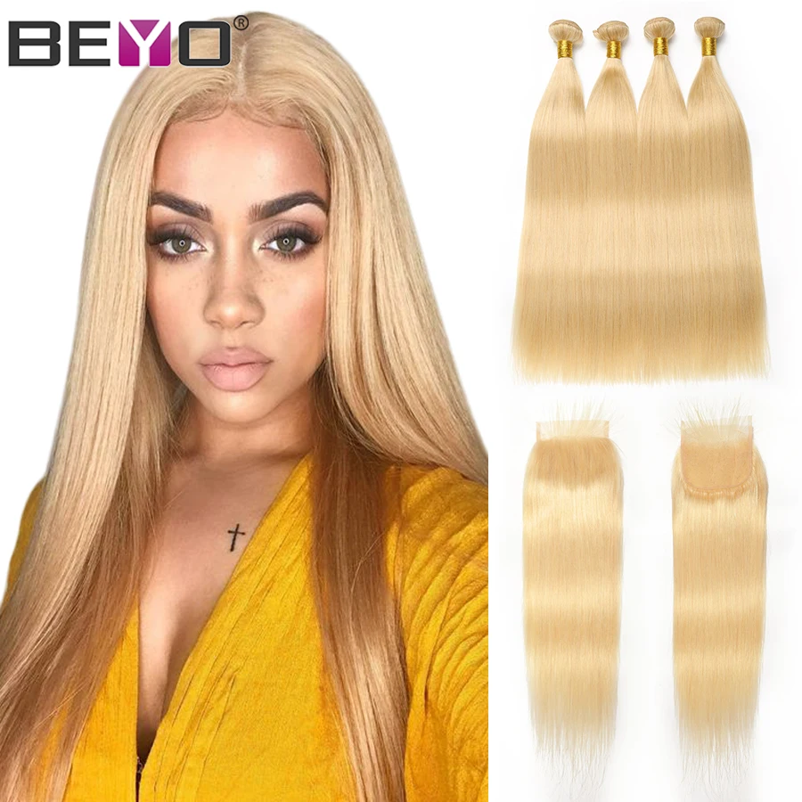 613 блонд пряди с закрытием бразильские прямые волосы человеческие не Реми Beyo|3/4