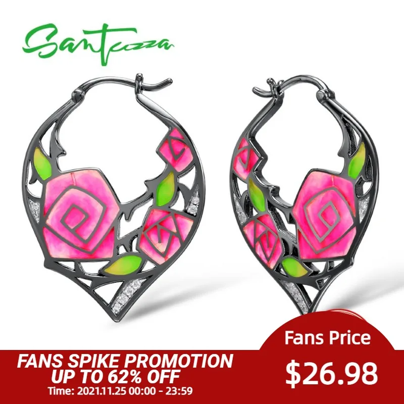 

SANTUZZA 925 Sterling Silver Earrings For Women Black Plated Rose Flower Hoop Earrings brincos Gift Fine Jewelry Handmade Enamel