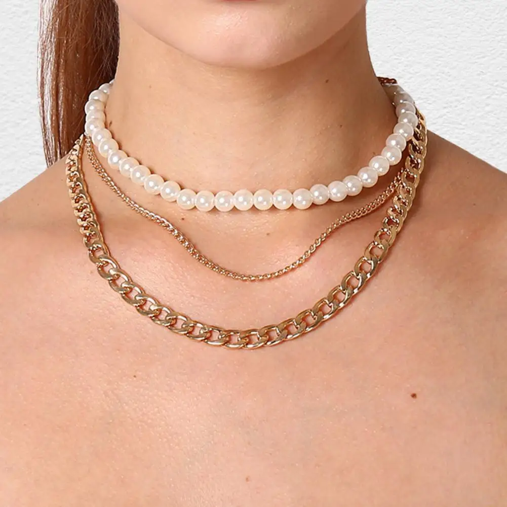 

Exaggerated Fashion Women Necklace Faux Pearls Decorative Chain Fashion Multilayer Clavicle Necklace Choker Jewelry for Gift
