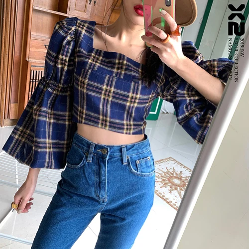 Женские клетчатые топы и блузки Genayooa винтажная блузка на шнуровке Женский Топ с