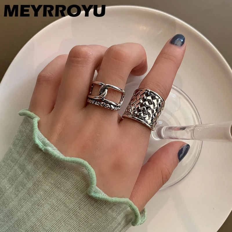 

MEYRROYU Sterling Silver Punk Personality Woven Cross New Arrival Ring Female Exaggerated Wide Fashion Open Accessories Party