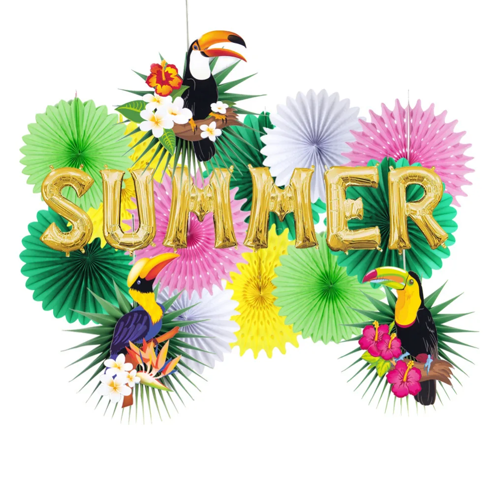 

17pcs Toucan Party Decoration Kit Palm Leaves Paper Fans Pinwheels Hawaiian Luau Tropical Decoration Summer Gold Foil Balloons