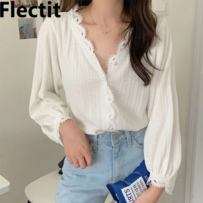 

Flectit Vintage Blouse With Lace Lantern Sleeve V-Neck Button Front Women's Blouses & Shirts *