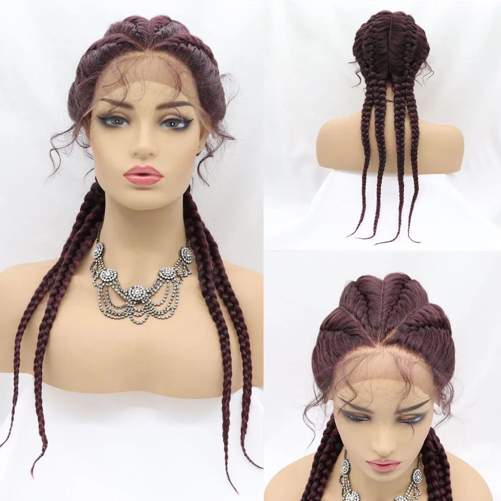 Melody Long Burgundy 4 Braided Wig 360 Full Lace Natural Wig Box Braid Wig Wine Red Color Cornrow Braid with Baby Hair Halloween