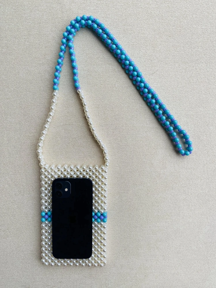 

WOONAM Handmade Women New Handbag Summer Beach Phone Holder Acylic Faux Pearls Beads Color Stripe Mini Crossbody Shoulder Bag