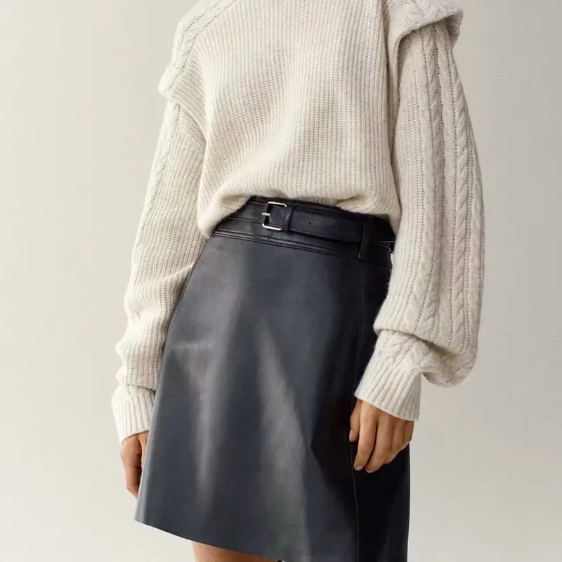 

2020 New Autumn Winter Women Elegant A-Line Faux Leather PU Mini Belt Skirts Lady Fall Casual Black High Waist Short Midi Skirt