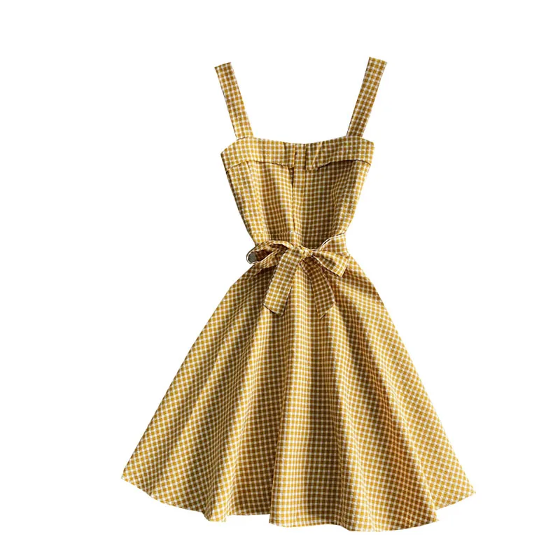

2021 han edition of small pure and fresh and grid square collar backless sleeveless posed dress show thin waist A word