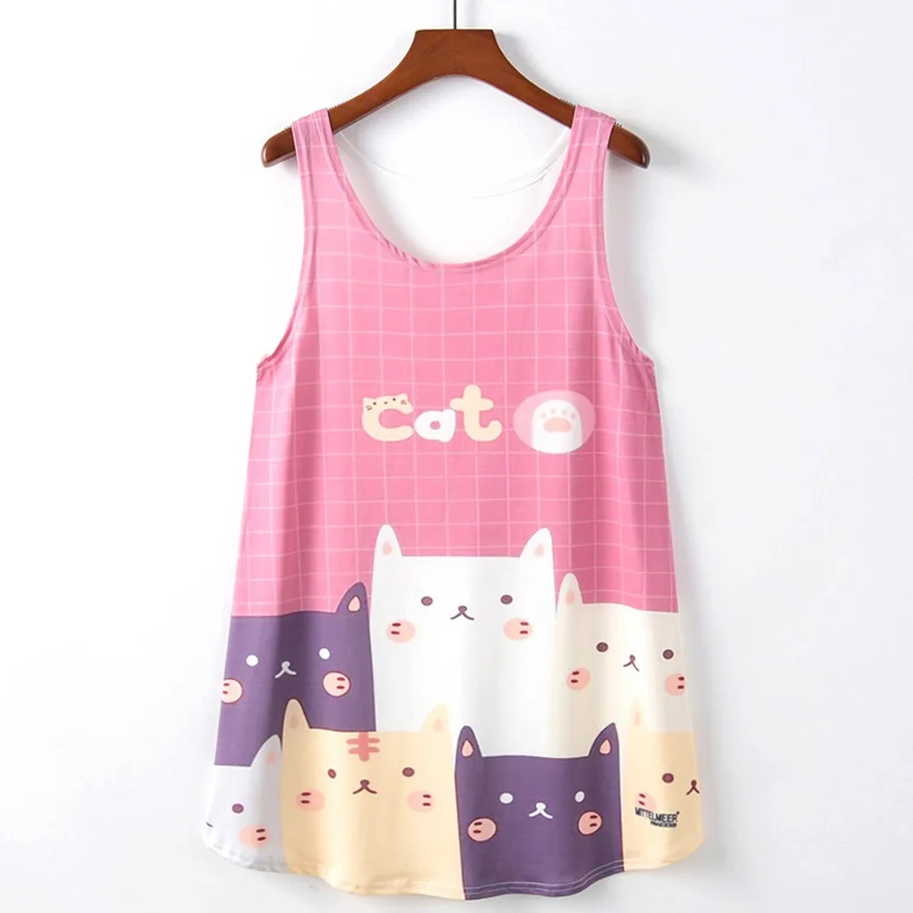 Модные топы без рукавов с принтом кота футболка короткий топ повседневный летний