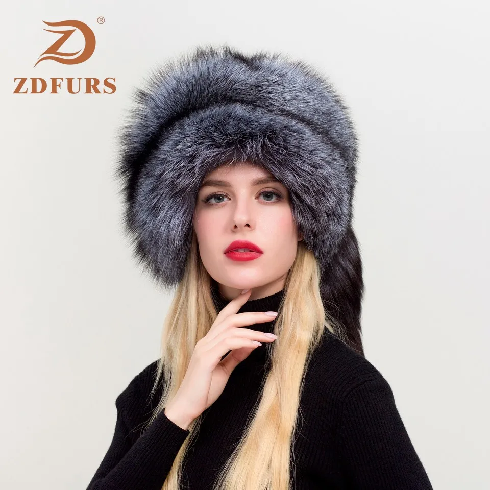 ZDFURS* Женская русская ушанка Авиатор Охотник лисий мех бомберы шапка натуральный Лисий мех шапки купол монгольская шапка