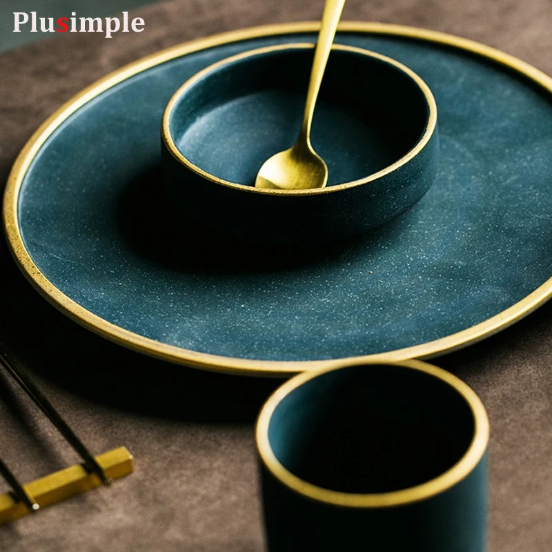 Керамическая Высококачественная тарелка для стейка с золотистыми краями миска