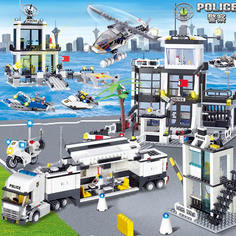 

kazi police station sets city vehicle base helicopter boat swat team car truck brick blocks model Building kits kids Toys child