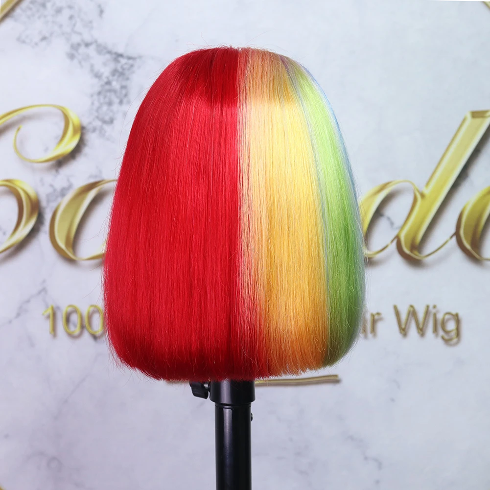 

COLODO Half Red Half Rainbow Lace Front Wigs Brazilian Preplucked Rainbow Wig Glueless Short Bob Human Hair Wigs For Women