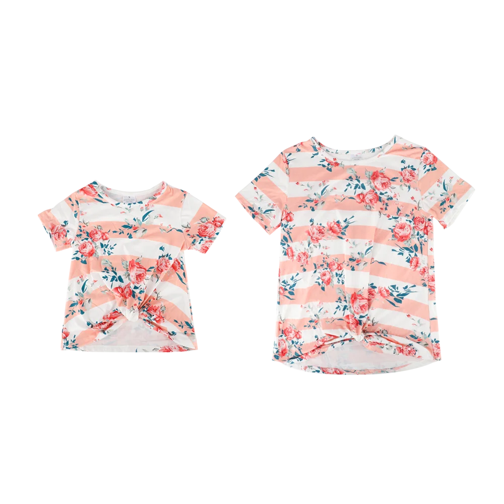 Летняя одежда для мамы и ребенка с цветочным принтом девочек полосатые футболки