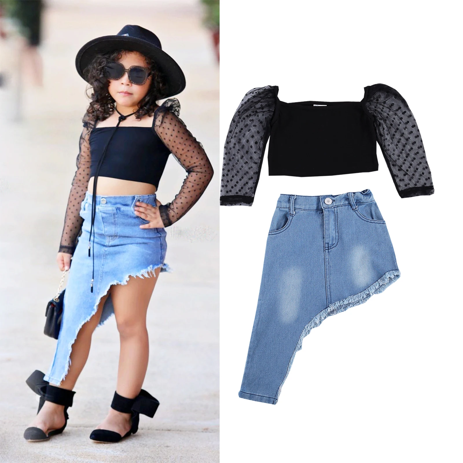 

Toddler Baby Girls Clothes Fashion Clothing Mesh Lace Long Sleeve Pullover Tops Irregular Denim Blue Skirts 2pcs Sets