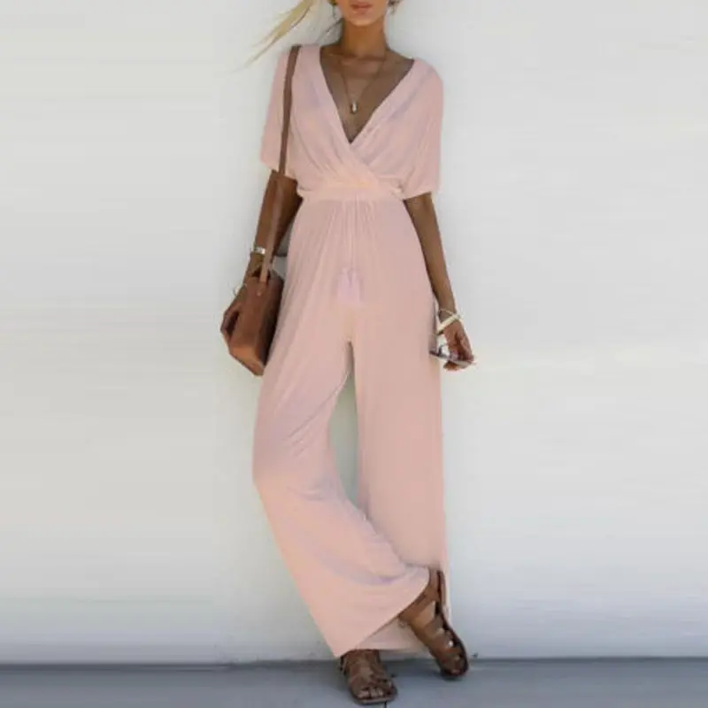 

Fashion Women Sexy Deep V Neck Loose Playsuit Party Ladies Romper Short Sleeve Long Jumpsuit Stylish High Waist Long Jumpsuits