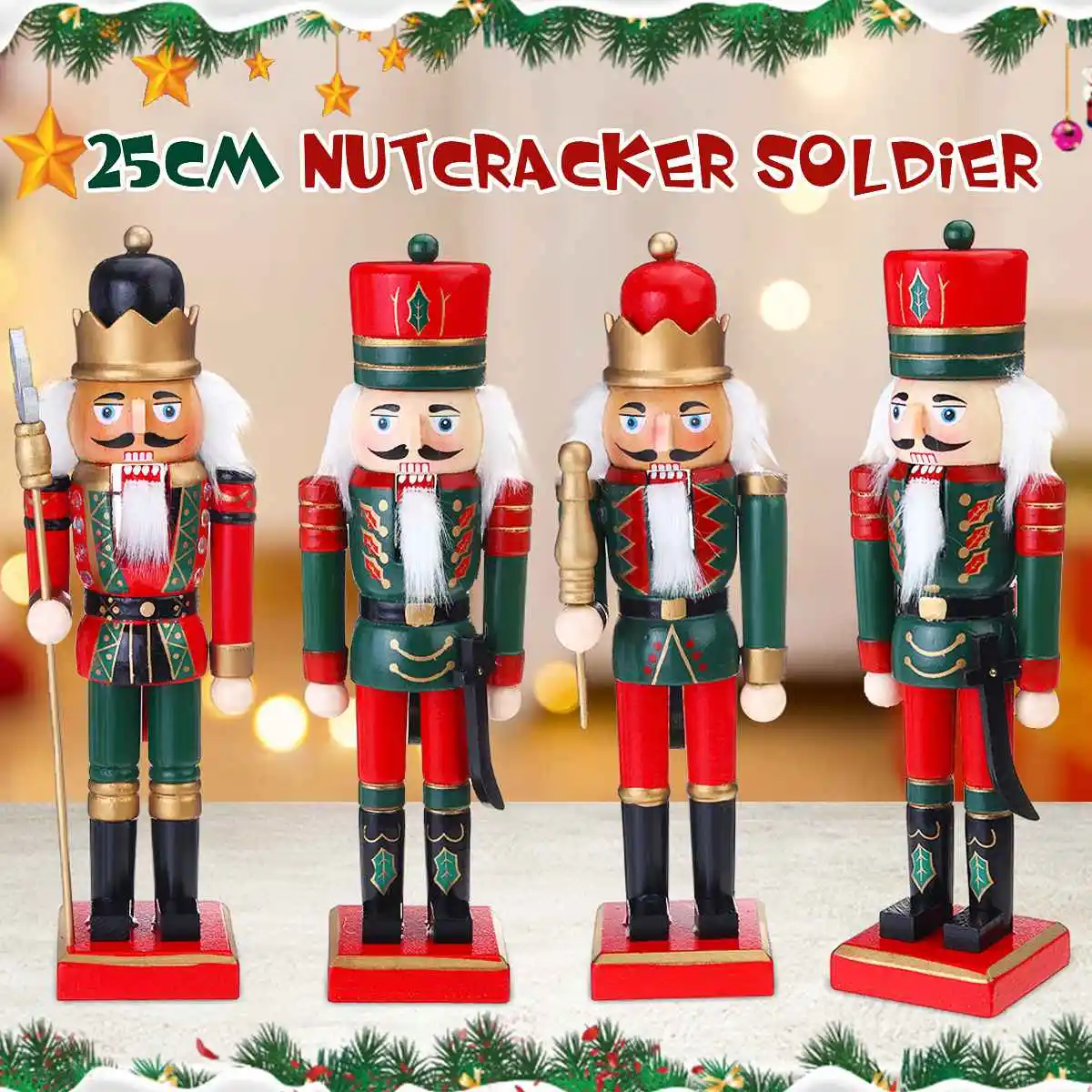 

New Christmas Wooden Nutcracker Soldier Doll 25cm Vintage Home Desk Decor Puppet Decorative Ornament New Year Christmas Gift