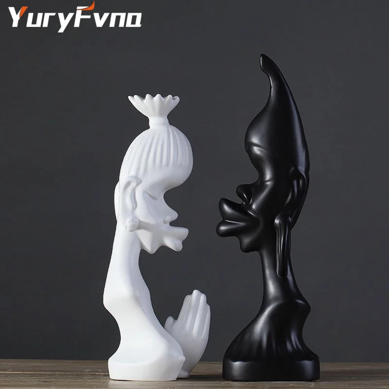 

YuryFvna Ceramic Glaze Abstract Man Woman Figurines White Black African Couple Lover Statue Vintage Home Decor