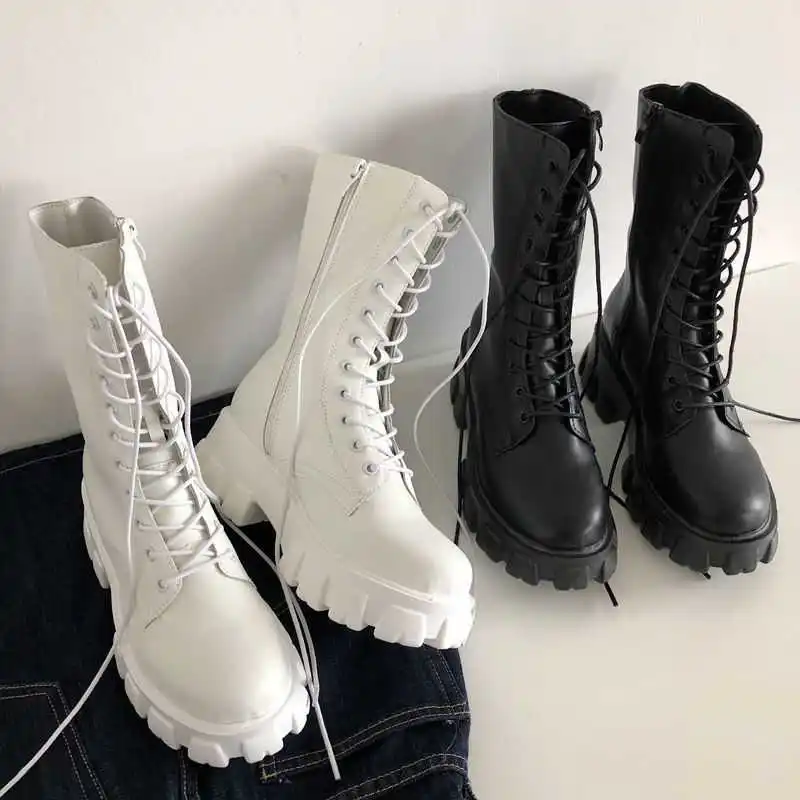 

New Mid Calf Boots Women Autumn Winter Fashion Lace-up Zipper Botas Mujer Boots Sports Platform Heel Ladies Shoes