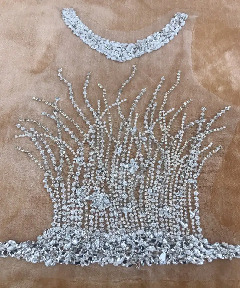 

Sparkle Bridal Rhinestone Bodice Applique With Sequins In Gold/Silver O-neck Dress Supplies Sell By 1 Piece 30*44cm