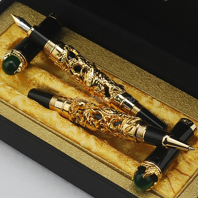 

Jinhao бизнес Dragon King винтажная перьевая ручка и шариковая ручка зеленая бижутерия Металлическое Тиснение золотой цвет W/Подарочная коробка