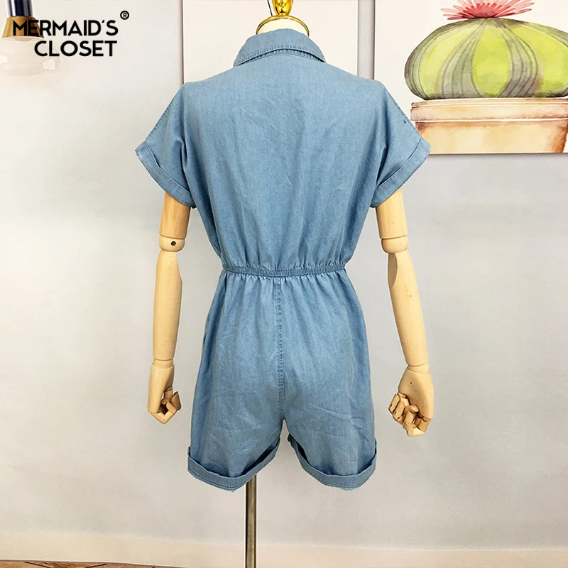 

Summer Women Single Breasted Denim Playsuit Blue 2021 New Casual Elastic Waist Short Jumpsuit Loose Jean Playsuit Female Rompers