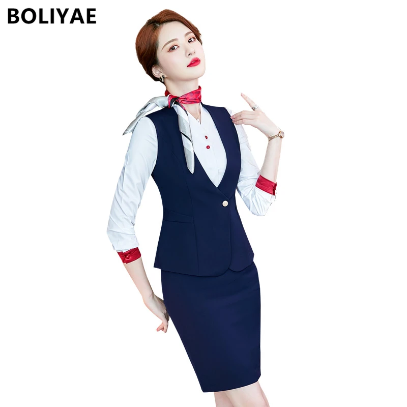 

Boliyae Women Elegant Waistcoat Pants Set V-Neck Business Suit Career Ladies Office Formal Work Wear Vest Skirt 2 Piece Set