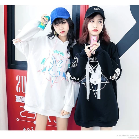 Kawaii Rabbit Print Hooded Sweatshirts Winter Autumn Long Sleeve Pullover Tops Female Loose Hoodies Casual Women White Black Kawaii Rabbit Print Hooded Sweatshirts Winter Autumn Long Sleeve Pullover Tops Female Loose Hoodies Casual Women White Black