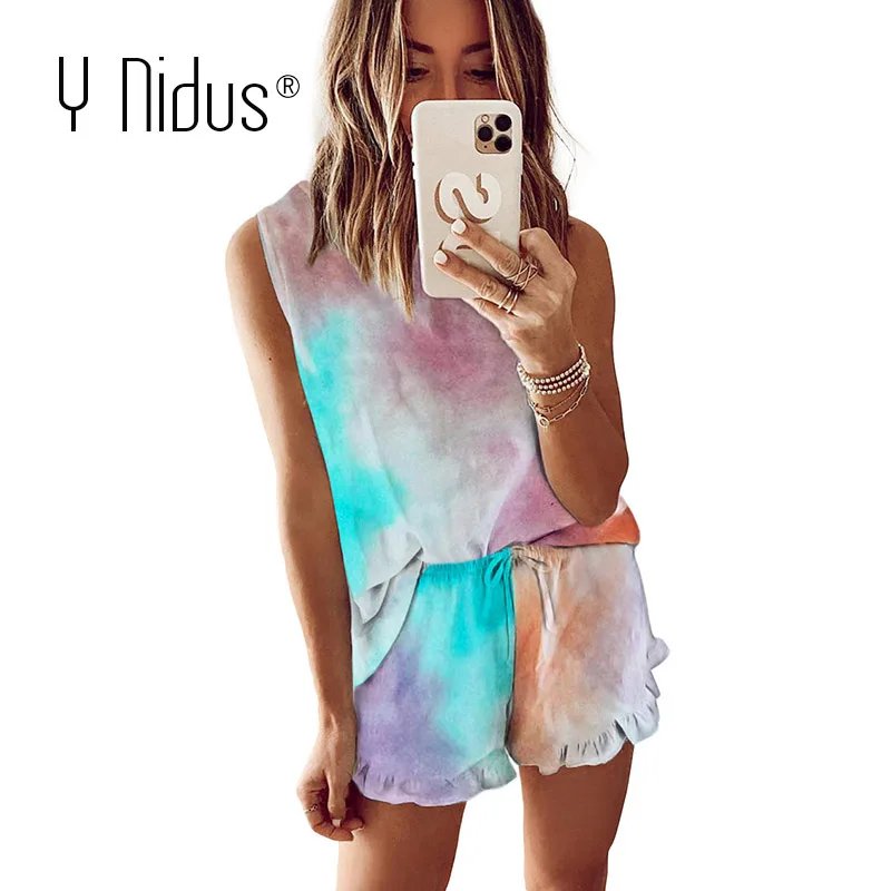 Комплект из двух предметов женский жилет с принтом тай дай короткий топ и шорты