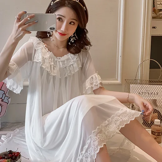 

Beautiful nightdress new summer cotton short sleeve Princess Palace fairy Style Lace Sexy ice Pajama girl