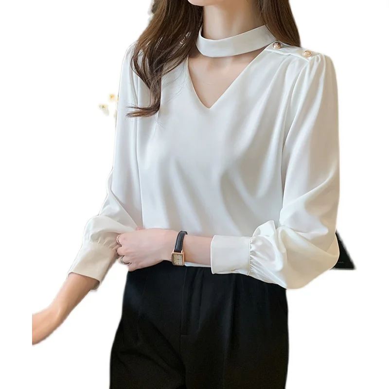

Women's Blouses Chiffon Long Sleeve Tops Buttons V-neck Shirts Fashion Casual Loose Solid Color Commute
