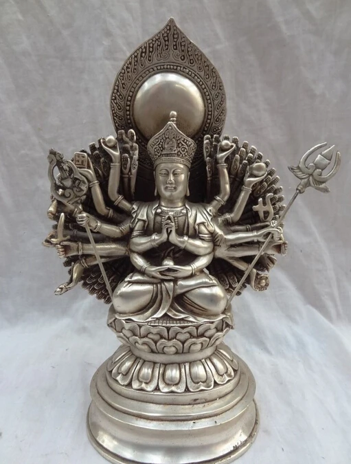 

Free shipping Free shipping 10" Tibet Silver 1000-Arms Avalokiteshvara Buddha Bronze Ksitigarbha Statue