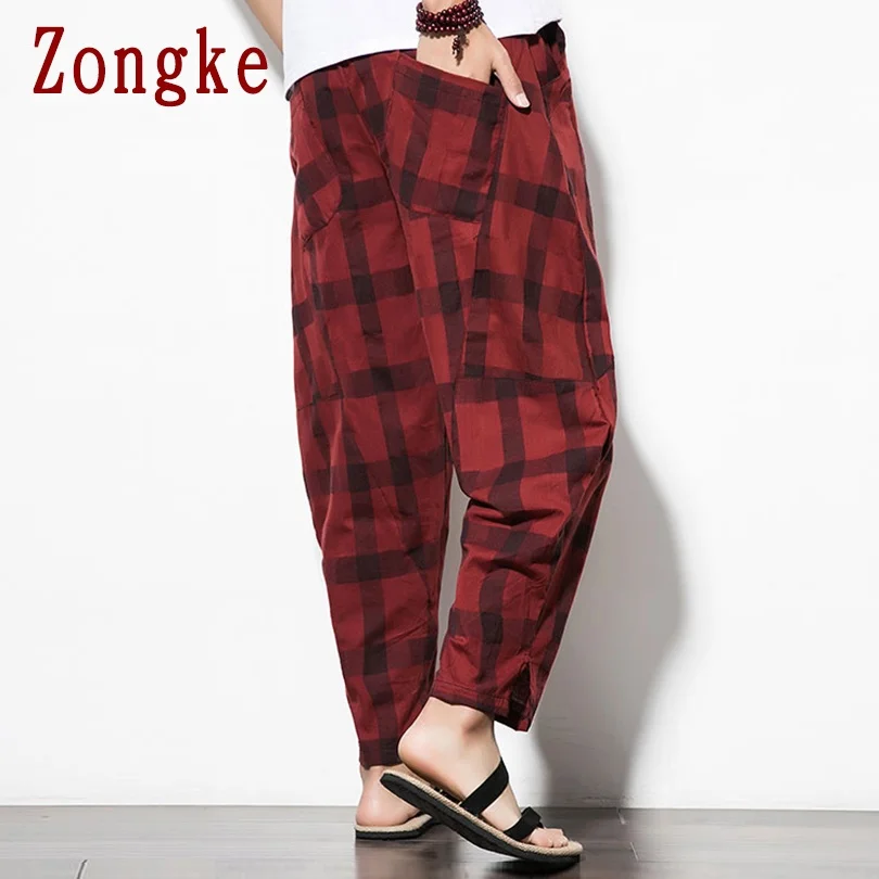 

Zongke Wide Leg Men's Plaid Pants Harajuku Men's Clothing Checkered Pants Korean Style Checked Trousers Ankle-Length M-5XL 2021