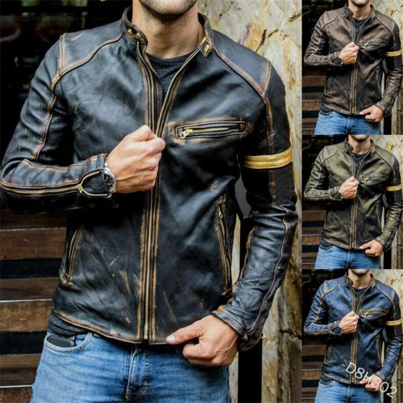 European American men's leather jacket and motorcycle coats youth stand collar punk chamarras para hombre casacas para brown