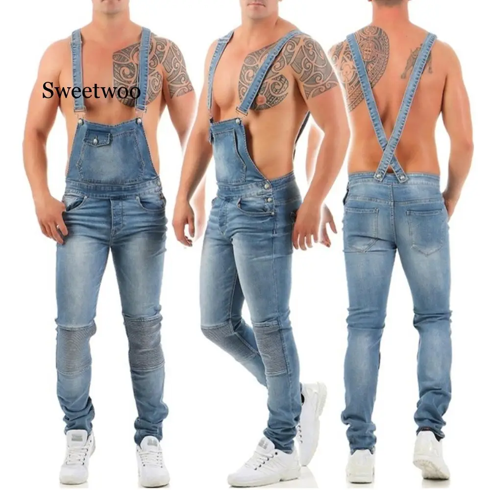 Мужской джинсовый комбинезон на подтяжках модный рваный с эффектом потертости в