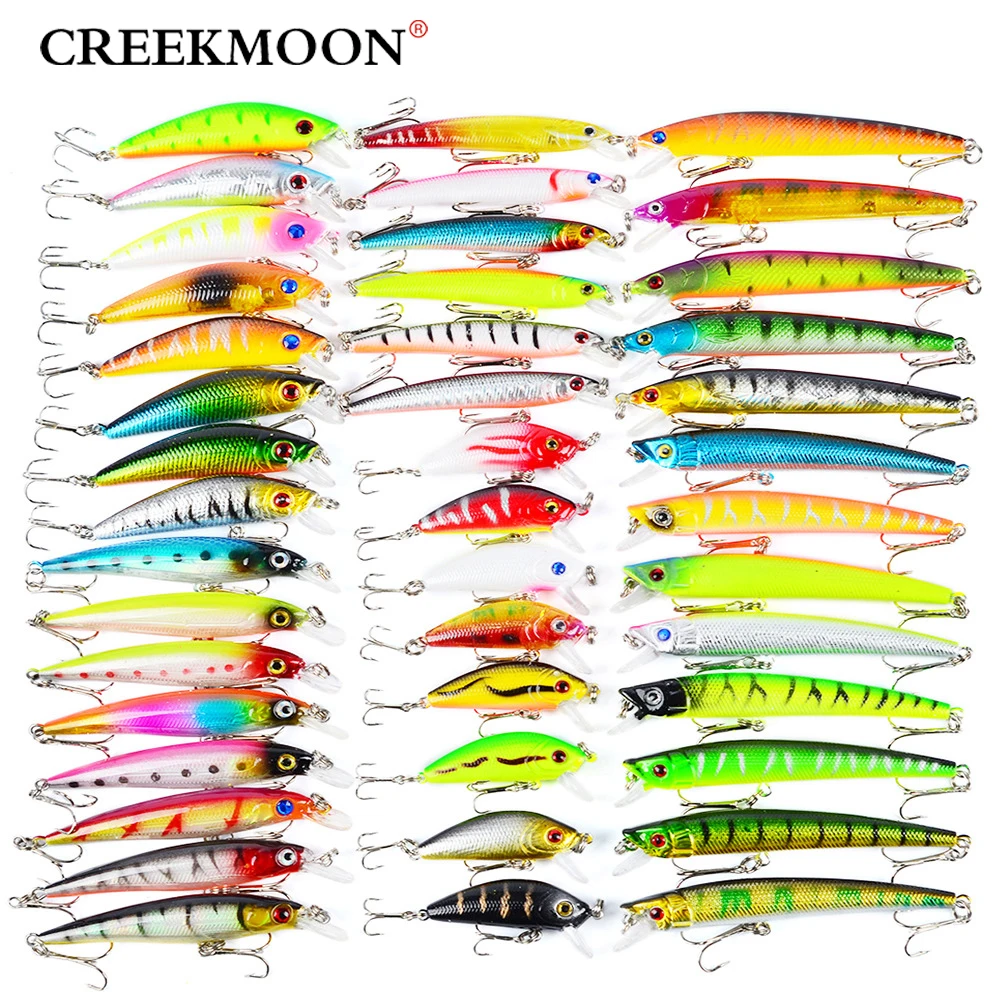 

43 шт./лот набор рыболовных приманок смешанных цветов, приманки в форме гольяна, комплект воблера, кренкбейтов, тройные Крючки, рыболовная снасть для джиггинга, жесткая приманка для окуня