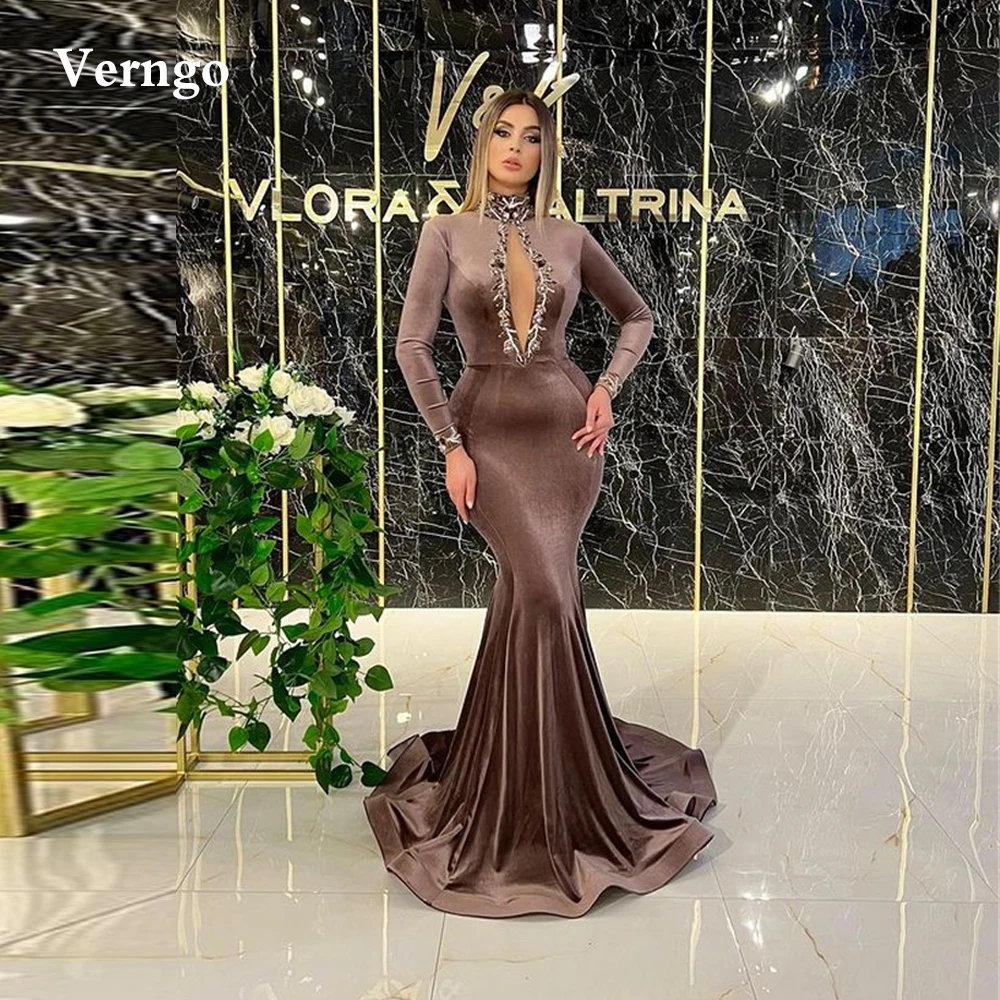 Verngo – robe de soirée en velours marron, col haut, style sirène, manches longues, perles, découpe devant, élégante, dubaï, robe de bal, 2022  (0)