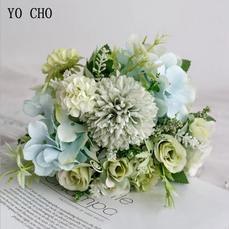rose-green Йо Чо Свадебный букет Искусственный шелк розовый цветок пиона невесты букет розовая Гортензия помпон бутон ванильный Спайк свадебные принадлежности - Цвет: rose-green