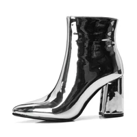 fashion winter new sexy pure color gold silver pointed toe zipper block heels elegant ankle boots 32 42