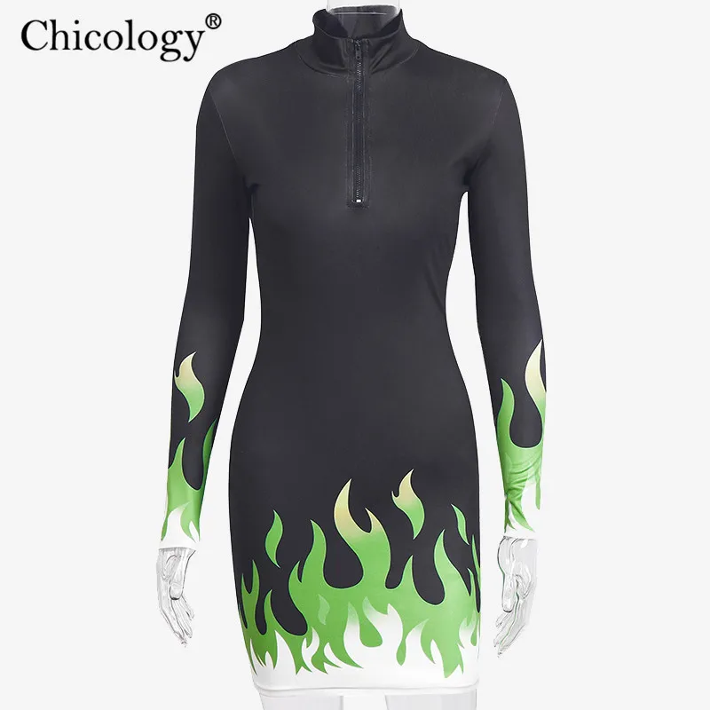 Chicology с огненным принтом принт Застежка-молния приталенное мини-платье Осень Зима Женское длинным рукавом Лонгслив облегающее обтяжку вечерние Клубные женская одежда