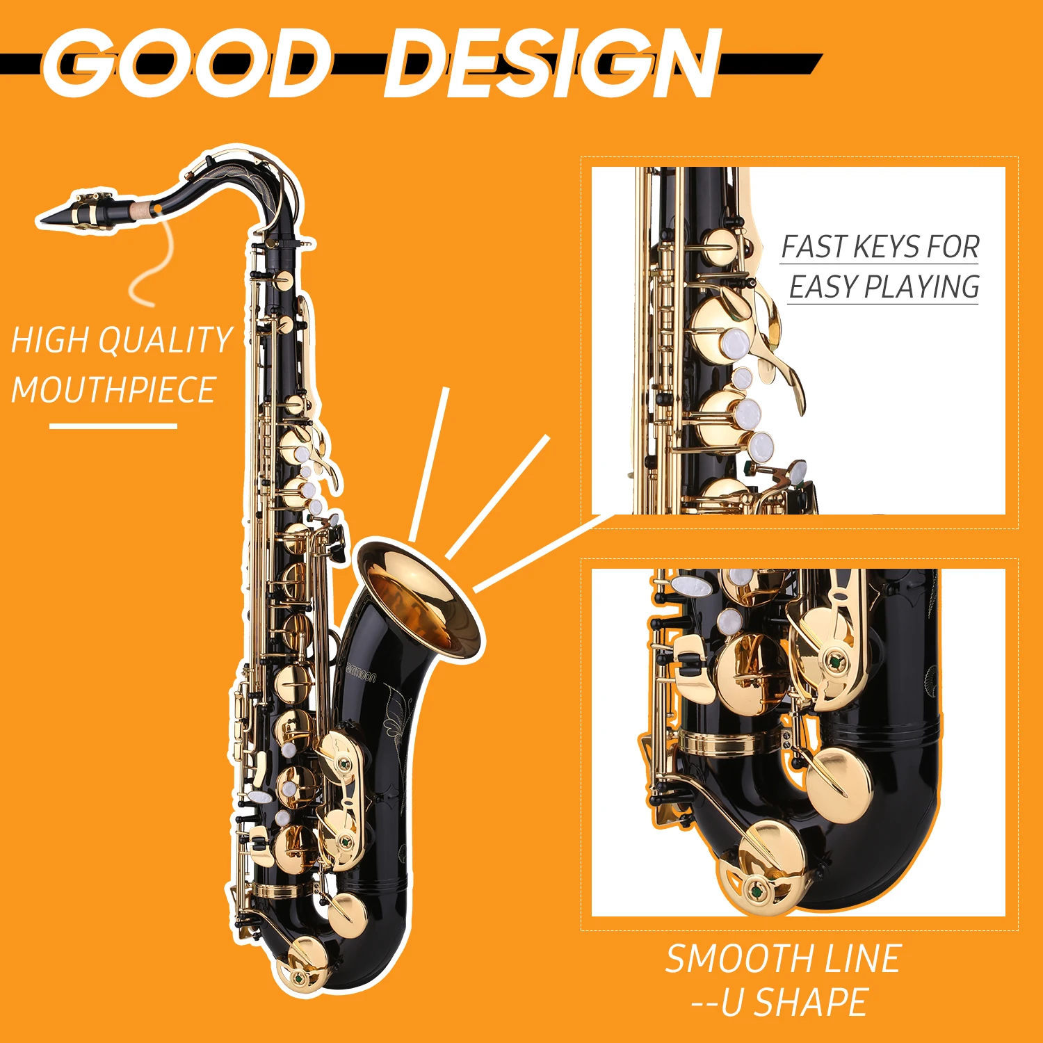 

ammoon B-flat Tenor Saxophone Bb Black Lacquer Sax with Instrument Case Mouthpiece Reed Neck Strap Cleaning Cloth Brush Beginner