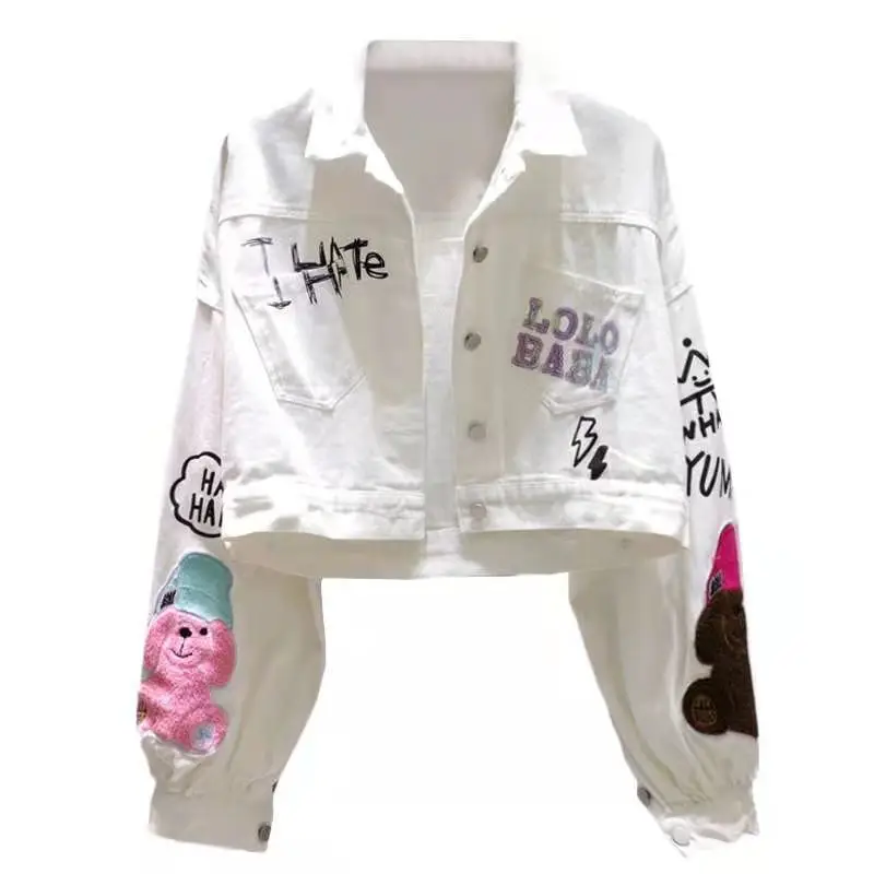 

White Denim Jacket Female 2021 Spring and Autumn New Cartoon Letter Print Loose Long Sleeve Top