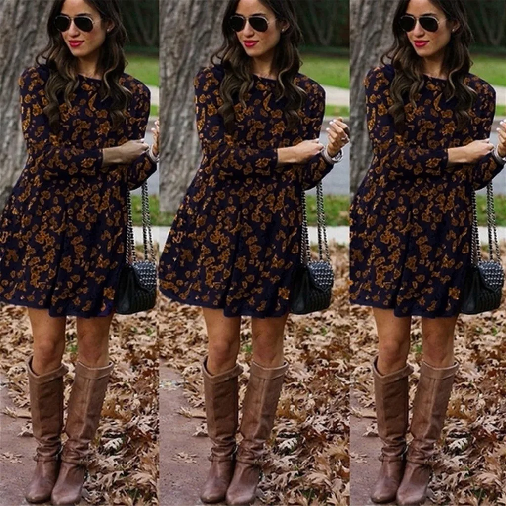 Женское пляжное платье Бохо с цветочным принтом эластичным поясом и круглым