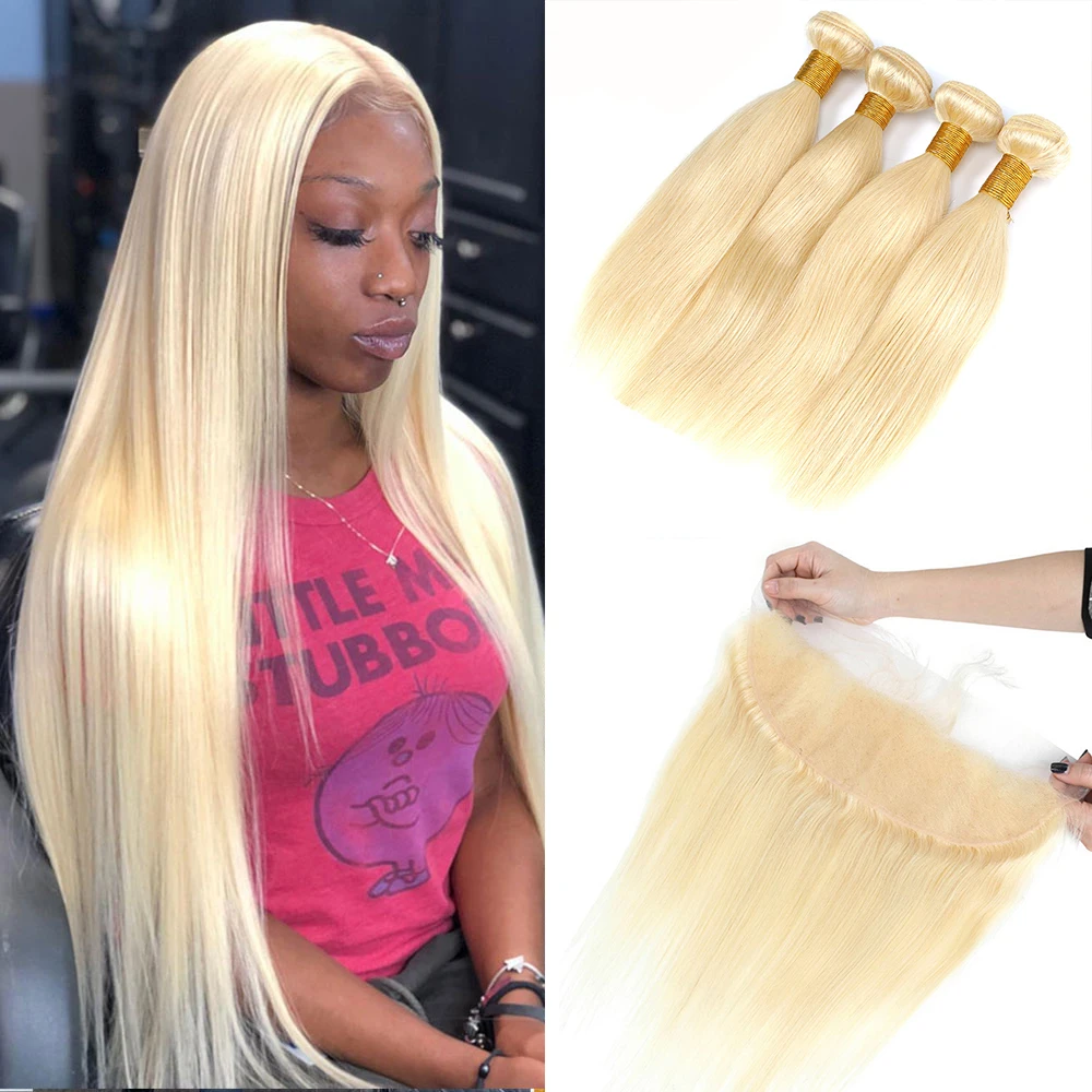 

Brazilian Honey Blonde 613 Straight Human Hair Weave 3 4 Bundles With Frontal Closure 13x4 Transparent Lace For Black Women