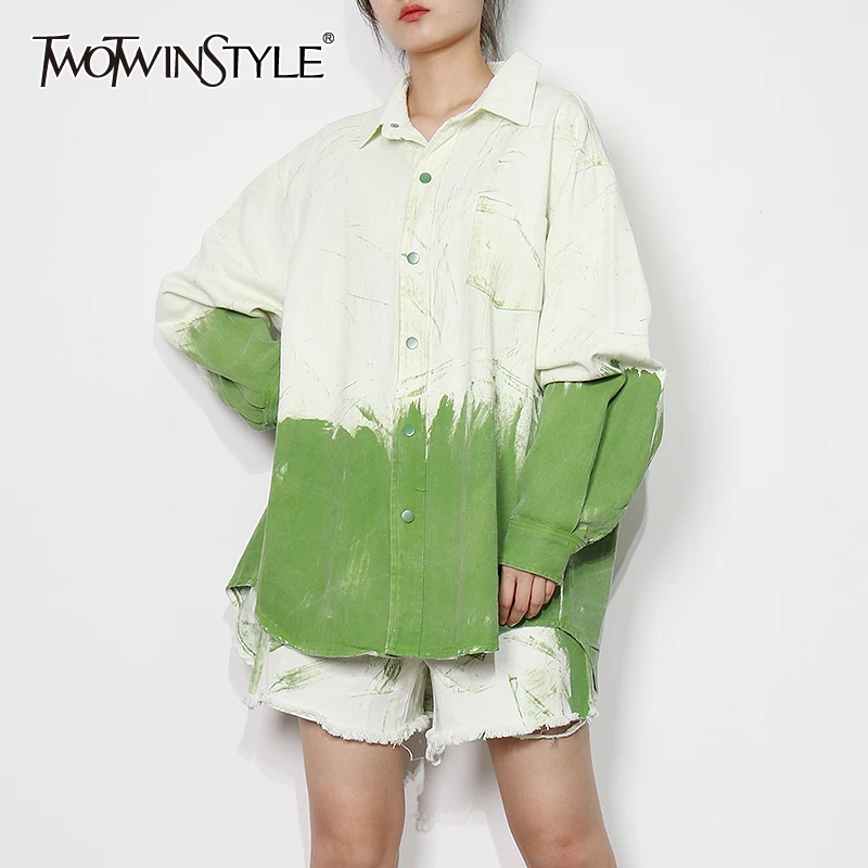 

TWOTWINSTYLE Casual Green Tie Dye Shorts Sets Female Lapel Long Sleeve Shirt High Waist Tassel Short Pants Women's Suit 2021 New